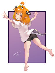 Rule 34 | 1girl, aged down, ahoge, araki (qbthgry), arms up, ass, balancing, barefoot, bike shorts, black shorts, brown eyes, brown hair, dragon girl, dragon horns, dragon tail, feet, from behind, full body, hair intakes, hairband, highres, hololive, horns, kiryu coco, looking at viewer, looking back, outstretched arms, pointy ears, shirt, short hair, short shorts, short sleeves, shorts, smile, soles, solo, standing, standing on one leg, tail, thighs, toes, virtual youtuber, white shirt
