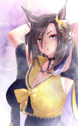 Rule 34 | 1girl, air groove (umamusume), anetani kiki, animal ears, armpits, arms behind head, arms up, black hair, blue eyes, blurry, blurry background, bow, breasts, eyeliner, highres, horse ears, large breasts, looking at viewer, makeup, messy hair, nervous sweating, open mouth, parted lips, purple background, racing suit, red eyeliner, steam, surprised, sweat, umamusume, very sweaty