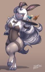 Rule 34 | 1girl, 2017, absol, absurdres, alcohol, animal ears, artist name, black bow, black bowtie, black leotard, black pantyhose, bow, bowtie, brown background, brown eyes, chestnut mouth, claws, cocktail glass, colored skin, covered navel, creatures (company), cup, dated, drinking glass, fake animal ears, food, fruit, full body, furry, furry female, game freak, gen 3 pokemon, glass, grey hair, grey skin, highres, horns, lemon, lemon slice, leotard, long hair, nintendo, pantyhose, playboy bunny, pokemon, pokemon (creature), rabbit ears, silhouette, single horn, solo, standing, standing on one leg, sweatdrop, thigh strap, tray, very long hair, white hair, wrist cuffs, zinfyu
