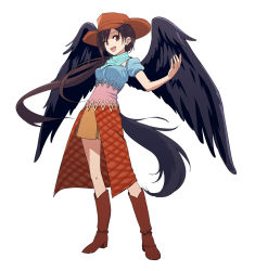 Rule 34 | 1girl, :d, absurdres, bandana, black hair, black wings, blue shirt, boots, breasts, brown footwear, brown hat, brown skirt, commentary request, cowboy hat, feathered wings, full body, hand up, hat, head tilt, high heel boots, high heels, highres, knee boots, kurokoma saki, leon (mikiri hassha), long hair, looking at viewer, low ponytail, medium breasts, open mouth, partial commentary, puffy short sleeves, puffy sleeves, red eyes, shirt, short sleeves, simple background, skirt, smile, solo, standing, tail, touhou, very long hair, white background, wings