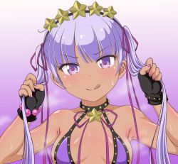 Rule 34 | 1girl, apita (apitaro), armpits, bb (fate) (all), bb (swimsuit mooncancer) (fate), bb (swimsuit mooncancer) (fate) (cosplay), blush, breasts, cosplay, fate (series), highres, looking at viewer, new game!, purple eyes, purple hair, small breasts, smile, solo, suzukaze aoba, twintails