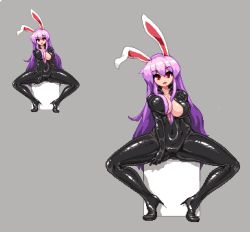 Rule 34 | 1girl, animal ears, bad id, bad twitter id, bodysuit, breasts, cleavage, commentary request, covered navel, grey background, high heels, large breasts, latex, latex bodysuit, long hair, looking at viewer, namako daibakuhatsu, pixel art, purple hair, rabbit ears, red eyes, reisen udongein inaba, shiny clothes, simple background, sitting, skin tight, smile, solo, spread legs, touhou, very long hair