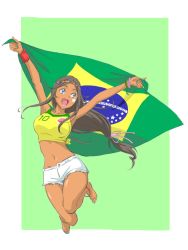 Rule 34 | 1girl, 2014 fifa world cup, anklet, arms up, artist request, bad id, bad pixiv id, barefoot, blue eyes, brazil, brazilian flag, brown hair, cutoffs, dark skin, dark-skinned female, hairband, jewelry, jumping, midriff, navel, open mouth, short shorts, shorts, smile, soccer, solo, star (symbol), tank top, world cup, wristband