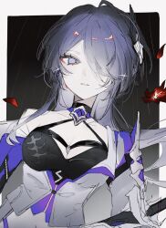 Rule 34 | 1girl, acheron (honkai: star rail), armor, bandaged arm, bandages, black background, black choker, black shirt, breasts, choker, cleavage, coat, collarbone, criss-cross halter, crop top, earrings, eyeliner, flower, hair ornament, hair over one eye, halterneck, highres, honkai: star rail, honkai (series), jewelry, large breasts, looking to the side, makeup, midriff, navel, parted lips, purple eyes, purple hair, rain, red eyeliner, red flower, red petals, shirt, shoulder armor, single bare shoulder, solo, sui (0x0 2), sword, two-tone background, upper body, weapon, white background, white coat