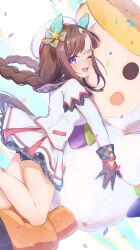 Rule 34 | 1girl, absurdres, animal ears, asymmetrical gloves, beautifulinsnow, black gloves, blush, bow, breasts, brown hair, commentary request, confetti, cowboy shot, ear bow, ear covers, gloves, highres, hokko tarumae (umamusume), horse ears, horse girl, horse tail, jacket, long hair, medium breasts, mismatched gloves, multicolored hair, notice lines, one eye closed, open mouth, pleated skirt, purple eyes, simple background, skirt, smile, solo, streaked hair, striped bow, tail, tomachop, umamusume, very long hair, white background, white gloves, white hair, white jacket, white skirt