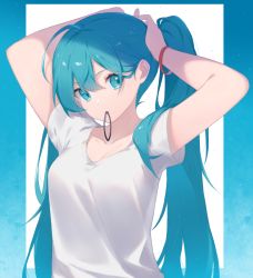 Rule 34 | 1girl, arms behind head, arms up, blue background, blue eyes, blue hair, breasts, closed mouth, eyebrows hidden by hair, fhang, hair between eyes, hair tie, hair tie in mouth, hatsune miku, long hair, looking at viewer, mouth hold, shirt, short sleeves, small breasts, solo, twintails, two-tone background, tying hair, upper body, very long hair, vocaloid, white background, white shirt