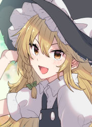 Rule 34 | absurdres, aoi (annbi), black vest, blonde hair, bow, braid, fang, green bow, hair bow, hand on headwear, hand up, hat, hat bow, highres, kirisame marisa, long hair, looking at viewer, open mouth, shirt, short sleeves, single braid, skin fang, smile, touhou, upper body, vest, white bow, white shirt, witch hat, yellow eyes