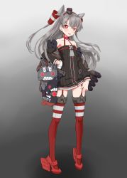 Rule 34 | 10s, 1girl, :d, adapted costume, amatsukaze (kancolle), bare shoulders, brown dress, choker, dark persona, derivative work, detached sleeves, dress, garter straps, gloves, glowing, glowing eyes, gradient background, hair tubes, hand on own hip, hand on thigh, headgear, heart-shaped lock, high heels, highres, jewelry, kantai collection, locket, looking at viewer, machinery, open mouth, pendant, rabinidaddo, red eyes, red footwear, red thighhighs, rensouhou-kun, ribbed dress, shoes, short dress, silver hair, single glove, smile, solo, spoilers, strapless, strapless dress, striped clothes, striped thighhighs, thighhighs, tube dress, two side up, white gloves, zettai ryouiki
