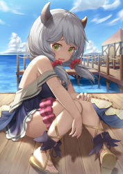 Rule 34 | 1girl, bare shoulders, blush, breasts, day, draph, full body, granblue fantasy, green eyes, grey hair, heijialan, horns, knees together feet apart, kumuyu, large breasts, looking at viewer, medium hair, outdoors, parted lips, sitting, solo, swimsuit, wooden floor