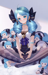 Rule 34 | 1girl, absurdres, ahoge, argyle, argyle clothes, argyle legwear, asymmetrical legwear, bingchuan xian yu huang, blue choker, blue eyes, blue hair, blue nails, blush, breasts, character doll, choker, cleavage, dress, drill hair, gwen (league of legends), hair ribbon, heart, heart hands, highres, league of legends, looking at viewer, medium breasts, mismatched legwear, no shoes, panties, panties under pantyhose, pantyhose, parted lips, ponytail, ribbon, solo, striped clothes, striped pantyhose, twin drills, underwear, vertical-striped clothes, vertical-striped pantyhose, white dress