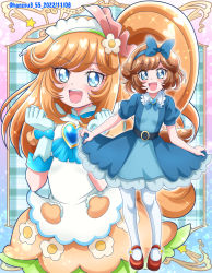 Rule 34 | 1girl, apron, blue dress, blue eyes, blue gloves, blue theme, brooch, brown hair, delicious party precure, dress, full body, gloves, hanzou, headband, heart, heart brooch, highres, jewelry, long hair, multiple views, one side up, open mouth, orange hair, pam-pam (precure), pam-pam (precure) (human), pantyhose, precure, red footwear, short hair, smile, white pantyhose