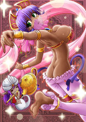Rule 34 | 1boy, 1girl, arabian clothes, arched back, armlet, ass, bare shoulders, barefoot, bra, bracelet, breasts, butt crack, cleavage, d-n, dancer, dark skin, feet, genie, green eyes, hat, jewelry, lamp, large breasts, lots of jewelry, mask, mouth mask, oil lamp, original, outstretched arms, pants, pointy ears, purple hair, revealing clothes, ring, see-through, short hair, soles, strapless, strapless bra, toes, underwear, veil