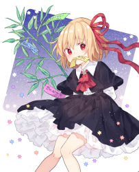 Rule 34 | 1girl, arms behind back, ascot, bamboo, black capelet, black skirt, blonde hair, capelet, collared shirt, commentary request, fang, frills, hair ribbon, highres, looking at viewer, memeo (user cxsu7473), mouth hold, red ascot, red eyes, red ribbon, ribbon, rumia, shirt, short hair, skin fang, skirt, sky, solo, star (sky), star (symbol), starry sky, tanabata, tanzaku, touhou, translation request, white shirt