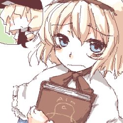 Rule 34 | 2girls, alice margatroid, blonde hair, blue eyes, book, hugging book, bow, bowtie, capelet, female focus, frown, hair ribbon, hairband, hat, holding, holding book, hugging object, kirisame marisa, lowres, multiple girls, oekaki, ribbon, simple background, touhou, upper body, white background, witch hat