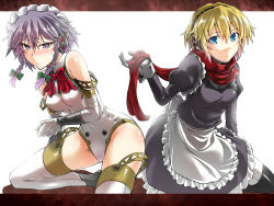 Rule 34 | 2girls, aegis (persona), aegis (persona) (cosplay), android, apron, atlus, bare shoulders, blonde hair, blue eyes, blush, bow, braid, breasts, colorized, cosplay, costume switch, crossover, detached sleeves, dress, covered erect nipples, izayoi sakuya, izayoi sakuya (cosplay), letterboxed, looking at viewer, maid, maid apron, maid headdress, megami tensei, multiple girls, outside border, perfect cherry blossom, persona, persona 3, purple eyes, purple hair, scarf, segami daisuke, shin megami tensei, short hair, small breasts, sweatdrop, team shanghai alice, thighhighs, touhou, twin braids