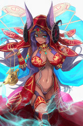 Rule 34 | 1girl, :d, absurdres, animal ears, blue eyes, blue hair, breasts, bridal gauntlets, dark skin, dark-skinned female, ears through headwear, elbow gloves, eyeshadow, fang, fate/grand order, fate (series), gloves, headpiece, highres, horns, horns through headwear, lamp, large breasts, long hair, looking at viewer, magic, makeup, open mouth, queen of sheba (fate), revealing clothes, sawawse, smile, solo, standing, thighhighs, veil, very long hair, walking
