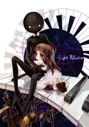 Rule 34 | 1girl, absurdres, brown hair, deemo, deemo (character), dress, full body, girl (deemo), hand on another&#039;s head, harrymiao, highres, hug, instrument, kneeling, light pollution (deemo), long hair, looking at viewer, pantyhose, piano, sitting, song name