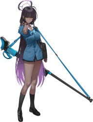 Rule 34 | 1girl, adjusting hair, ahoge, alternate costume, anti-materiel rifle, aqua bow, bag, battle rifle, black footwear, black hair, black skirt, black socks, blue archive, blue bow, blue bowtie, blue cardigan, blue nails, blue shirt, bolt action, bow, bowtie, boys anti-tank rifle, breasts, buttons, cardigan, closed mouth, collarbone, collared shirt, dark-skinned female, dark skin, full body, gradient hair, gun, halo, hand in own hair, hand up, holding, holding gun, holding weapon, huge weapon, karin (blue archive), kneehighs, large breasts, legs, loafers, long hair, long sleeves, looking at viewer, miniskirt, multicolored hair, nail polish, official art, over shoulder, pleated skirt, purple hair, rifle, school bag, school uniform, shirt, shoes, shoulder bag, sidelocks, simple background, skirt, sleeves rolled up, sniper rifle, socks, solo, standing, strap, thighs, third-party source, very long hair, weapon, white background, white shirt, yellow eyes