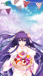 Rule 34 | 1girl, :d, artist name, bare shoulders, birthday, cake, character name, cherry blossoms, copyright name, cowboy shot, date a live, detached sleeves, flower, food, fur-trimmed sleeves, fur trim, hair between eyes, hair flower, hair ornament, hair ribbon, happy birthday, heart-shaped cake, highres, holding, holding tray, japanese clothes, kimikimi, kimono, long hair, looking at viewer, open mouth, outdoors, pink kimono, purple eyes, purple hair, ribbon, smile, solo, tray, very long hair, yatogami tooka, yukata
