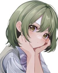 Rule 34 | 1girl, blush, bow, bowtie, green eyes, green hair, hands on own cheeks, hands on own face, head rest, highres, idolmaster, idolmaster shiny colors, looking at viewer, nanakusa nichika, school uniform, short hair, shu10, simple background, solo, striped bow, striped bowtie, striped clothes, sweater vest, upper body, white background