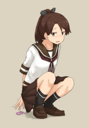 Rule 34 | 1girl, blush, brown background, brown eyes, brown hair, brown skirt, chagamaka, full body, highres, kantai collection, looking down, open mouth, pleated skirt, ponytail, school uniform, serafuku, sex toy, shikinami (kancolle), short hair, short sleeves, simple background, skirt, solo, squatting, vibrator