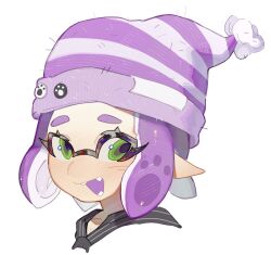 Rule 34 | 1girl, :d, beanie, commentary request, cropped shoulders, eyelashes, green eyes, hat, highres, inkling, inkling girl, inkling player character, nintendo, open mouth, pointy ears, purple hair, purple hat, redbeanpie0, short hair, simple background, smile, solo, splatoon (series), striped clothes, striped headwear, teeth, tentacle hair, thick eyebrows, upper body, white background