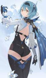 Rule 34 | 1girl, ass, backless outfit, black footwear, black gloves, black hairband, blue background, blue cape, blue gloves, blue hair, boots, breasts, cape, chest harness, clothing cutout, cowboy shot, eula (genshin impact), falling flower, from behind, frown, genshin impact, gloves, hair between eyes, hair ornament, hairband, hand up, harness, high-waist shorts, highres, legs together, long sleeves, looking at viewer, looking back, lycsakd, median furrow, medium breasts, medium hair, shorts, shoulder cutout, side cape, sidelocks, solo, thigh boots, two-tone gloves, white sleeves, wide sleeves, yellow eyes