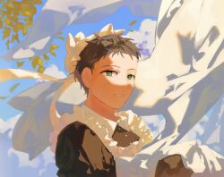 Rule 34 | 1girl, black shirt, blue sky, brown hair, day, ddamma 7, golden kamuy, green eyes, hat, highres, korean commentary, laundry, looking at viewer, maid, mob cap, outdoors, shirt, short hair, sky, solo, tsukishima hajime, upper body, very short hair, white hat
