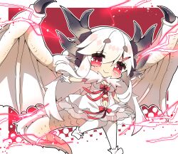 Rule 34 | 1girl, blush, bow, breasts, cape, character request, chibi, cleavage, closed mouth, commentary request, dragon girl, dragon horns, dragon tail, dragon wings, dress, fur-trimmed cape, fur trim, garter straps, gloves, hair between eyes, hair ornament, hairclip, highres, horns, long hair, medium breasts, milkpanda, monster hunter (series), navel, personification, red bow, red eyes, shoes, short eyebrows, smile, solo, standing, standing on one leg, tail, thick eyebrows, thighhighs, very long hair, white cape, white dress, white footwear, white gloves, white hair, white thighhighs, white wings, wings