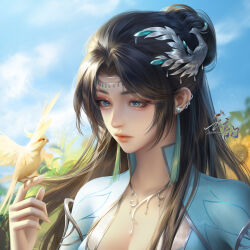 Rule 34 | 1girl, absurdres, bird, bird on hand, blue eyes, brown hair, closed mouth, collared dress, doupo cangqiong, dress, eagle xiaogou quan kending, earrings, expressionless, flower, gleam, hair bun, hair ornament, highres, index finger raised, jewelry, long hair, necklace, second-party source, solo, sunflower, upper body, yun yun (doupo cangqiong)
