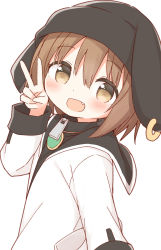 Rule 34 | 1girl, :d, animal ears, animal hat, ayanepuna, black hat, black shirt, blush, brown eyes, brown hair, commentary request, ear piercing, fake animal ears, from side, hair between eyes, hand up, hat, highres, jacket, long sleeves, looking at viewer, looking to the side, mei (ayanepuna), open mouth, original, piercing, shirt, simple background, smile, solo, v, white background, white jacket