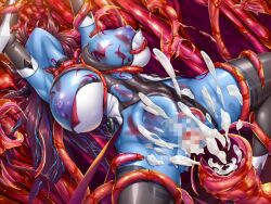 Rule 34 | 1girl, alternate hair length, alternate hairstyle, aoi nagisa (metalder), bare shoulders, blue skin, blush, breasts, breasts out, brown hair, censored, clothing aside, colored skin, cum, curvy, deep penetration, demon girl, double penetration, game cg, hair ribbon, highleg, highleg leotard, huge breasts, injury, leotard, leotard aside, lilith-soft, long hair, mizuki shiranui, moaning, nipple penetration, nipples, puffy nipples, pussy, rape, red eyes, restrained, revealing clothes, ribbon, shiny skin, simple background, solo, stomach bulge, taimanin (series), taimanin rpgx, taimanin suit, taimanin yukikaze, tentacle sex, tentacles, thighs, thong leotard, torn clothes, trapped, very long hair, wide hips