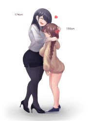 Rule 34 | 2girls, anger vein, annoyed, black hair, braid, brown hair, closed eyes, face against breast, hair tie, happy, height difference, high heels, highres, hood, hoodie, minishell, mole, mole under eye, multiple girls, pencil skirt, red eyes, size difference, skirt, smile