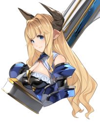 Rule 34 | &gt;:), 10s, 1girl, armor, blonde hair, breasts, cleavage, closed mouth, cropped torso, draph, from side, granblue fantasy, grin, hair intakes, holding, holding weapon, horns, large breasts, long hair, looking at viewer, parsley-f, pointy ears, razia, sidelocks, simple background, smile, solo, v-shaped eyebrows, vambraces, wavy hair, weapon, white background