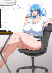 Rule 34 | 1girl, air conditioner, blue hair, breasts, cleavage, highres, huge breasts, jyouden, red eyes, sitting, solo