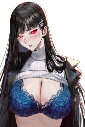 Rule 34 | 1girl, black hair, black jacket, blue archive, blue bra, blush, bra, breasts, celyn404, cleavage, clothes lift, floral print, highres, jacket, lace, lace-trimmed bra, lace trim, large breasts, long hair, looking at viewer, open clothes, open jacket, parted lips, print bra, red eyes, rio (blue archive), simple background, solo, sweater, sweater lift, turtleneck, turtleneck sweater, underwear, upper body, very long hair, white background, white sweater