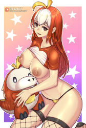 Rule 34 | 1girl, antenna hair, artist name, bikini, bikini bottom only, breasts, brown eyes, creature and personification, creatures (company), fishnet thighhighs, fishnets, fuecoco, game freak, huge nipples, large breasts, long hair, looking at viewer, multicolored hair, nintendo, nipples, patreon logo, personification, pokemon, pokemon (creature), red hair, redjet, shrug (clothing), sitting, solo, stuffed animal, stuffed toy, swimsuit, thighhighs, two-tone hair, watermark, web address, white hair