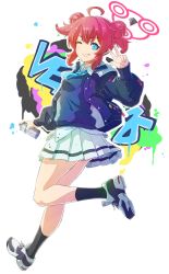 Rule 34 | 1girl, ahoge, alice usanomiya, blue archive, blue eyes, double bun, graffiti, hair bun, halo, highres, jacket, looking at viewer, maki (blue archive), necktie, one eye closed, red hair, shoes, skirt, sneakers, solo, spray can, spray paint, sweater vest, w