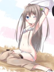 Rule 34 | 1girl, armpits, arms up, bad id, bad pixiv id, bare shoulders, bikini, blue eyes, blush, bow, bow bra, bow panties, bra, bra lift, brown hair, chm (macharge), clothes lift, clothes pull, flat chest, lifting own clothes, lingerie, long hair, navel, one eye closed, original, panties, pants, pants pull, panty pull, shirt lift, sitting, solo, striped bra, striped clothes, striped panties, swimsuit, two side up, underwear, underwear only, undressing, wariza, wink