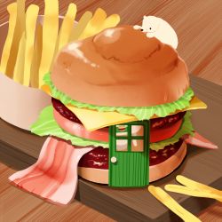 Rule 34 | animal, bacon, bear, burger, chai (drawingchisanne), chair, cheese, commentary request, door, food, food focus, french fries, lettuce, no humans, on food, original, polar bear, signature, table, undersized animal