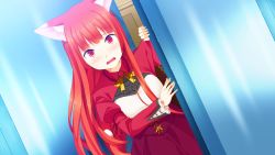 Rule 34 | 1girl, aika von koruto, animal ears, blush, bow, bowtie, breasts, donuthouse, door, dutch angle, embarrassed, fox ears, game cg, long hair, looking at viewer, mayachi (amuriya), open mouth, red eyes, red hair, skirt, solo, standing, valkyrie runabout!