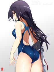 Rule 34 | 1girl, ass, black hair, blue one-piece swimsuit, unworn clothes, commentary request, competition swimsuit, from behind, gradient background, grey background, grey sailor collar, highres, long hair, looking back, neckerchief, one-piece swimsuit, original, parted lips, red eyes, red neckerchief, sailor collar, school uniform, sebunsu, serafuku, solo, standing, swimsuit, white background