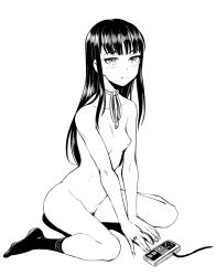 Rule 34 | 1girl, arm support, between legs, blunt bangs, blush, breasts, closed mouth, fingernails, geewhy, greyscale, hand between legs, high score girl, highres, jewelry, long hair, looking at viewer, monochrome, neck ribbon, nipples, nude, oono akira, ribbon, ring, simple background, sitting, small breasts, socks, solo, tagme, wariza, white background
