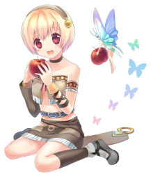 Rule 34 | 1girl, :3, apple, bare shoulders, bell, blonde hair, bracelet, bug, butterfly, choker, cuffs, detached sleeves, fairy, fantasy earth zero, food, frills, fruit, hairband, hamamo, holding, holding food, holding fruit, insect, jewelry, kneehighs, laughing, mini person, minigirl, miniskirt, open mouth, red eyes, short hair, simple background, sitting, skirt, socks, solo