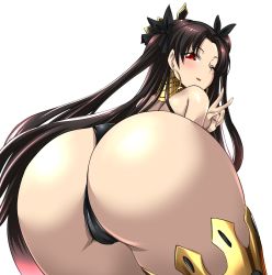 Rule 34 | 1girl, ass, ass focus, bare shoulders, black hair, blush, breasts, come hither, crown, fate/grand order, fate (series), from behind, hair ornament, highleg, highleg panties, highres, huge ass, ishtar (fate), long hair, looking at viewer, looking back, masachuusa, naughty face, one eye closed, panties, red eyes, shiny skin, single thighhigh, smile, solo, thighhighs, thong, twintails, two side up, underwear, v, very long hair, wink