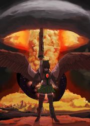 Rule 34 | 1girl, alternate weapon, boots, bow, explosion, female focus, high heels, highres, mushroom cloud, neo-jon, nuclear weapon, nuclear explosion, nuclear weapon, ponytail, reiuji utsuho, shoes, skirt, solo, thighhighs, touhou, weapon, weapon of mass destruction, wings
