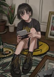 Rule 34 | 1girl, absurdres, ankle boots, black footwear, black panties, black shirt, black skirt, blush, boots, bottle, cake, cake slice, closed mouth, clothes writing, computer, cross-laced footwear, earphones, flower pot, food, fork, gishiki (gshk), head tilt, highres, holding, laptop, looking at viewer, original, panties, plant, pleated skirt, portal (object), potted plant, print shirt, profanity, shirt, sitting, skirt, smile, smiley face, solo, underwear, upskirt, yellow eyes