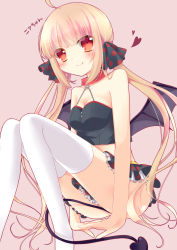 Rule 34 | 1girl, ahoge, blonde hair, borrowed character, breasts, cleavage, clothes between thighs, demon tail, demon wings, fang, frilled skirt, frills, hair ribbon, highres, hoshi (snacherubi), long hair, looking at viewer, low twintails, midriff, original, red eyes, ribbon, skirt, smile, solo, tail, translation request, twintails, wings