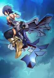 Rule 34 | 1girl, absurdres, aqua (kingdom hearts), back, backless outfit, bare shoulders, bike shorts, blue hair, detached sleeves, highres, keyblade, kingdom hearts, kingdom hearts birth by sleep, looking back, showgirl skirt, solo, strap, thighhighs, weapon