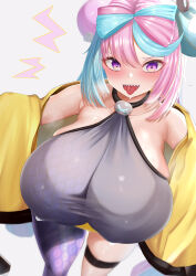 Rule 34 | 1girl, alternate breast size, aqua hair, blush, bow-shaped hair, breasts, character hair ornament, chomikuplus, creatures (company), game freak, gen 1 pokemon, hair ornament, highres, huge breasts, iono (pokemon), looking at viewer, magnemite, multicolored hair, nintendo, open mouth, pink hair, pokemon, pokemon sv, purple eyes, sharp teeth, simple background, solo, teeth, tongue, tongue out, two-tone hair, white background